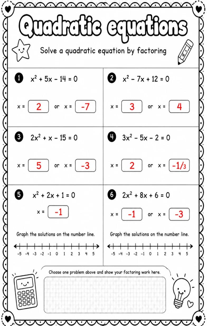 Answer key for Solve a quadratic equation by factoring — free printable Math worksheet