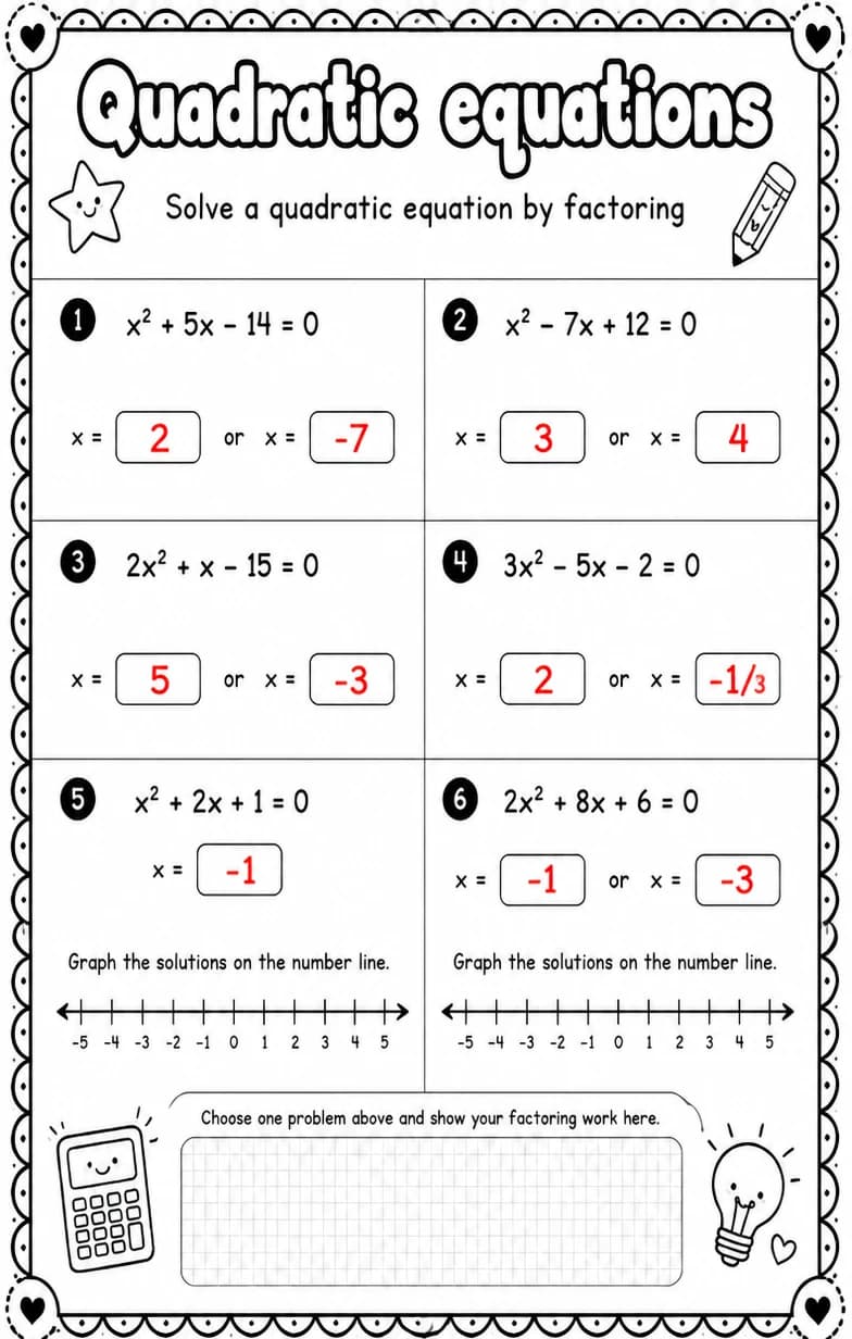 Answer key for Solve a quadratic equation by factoring — free printable Math worksheet