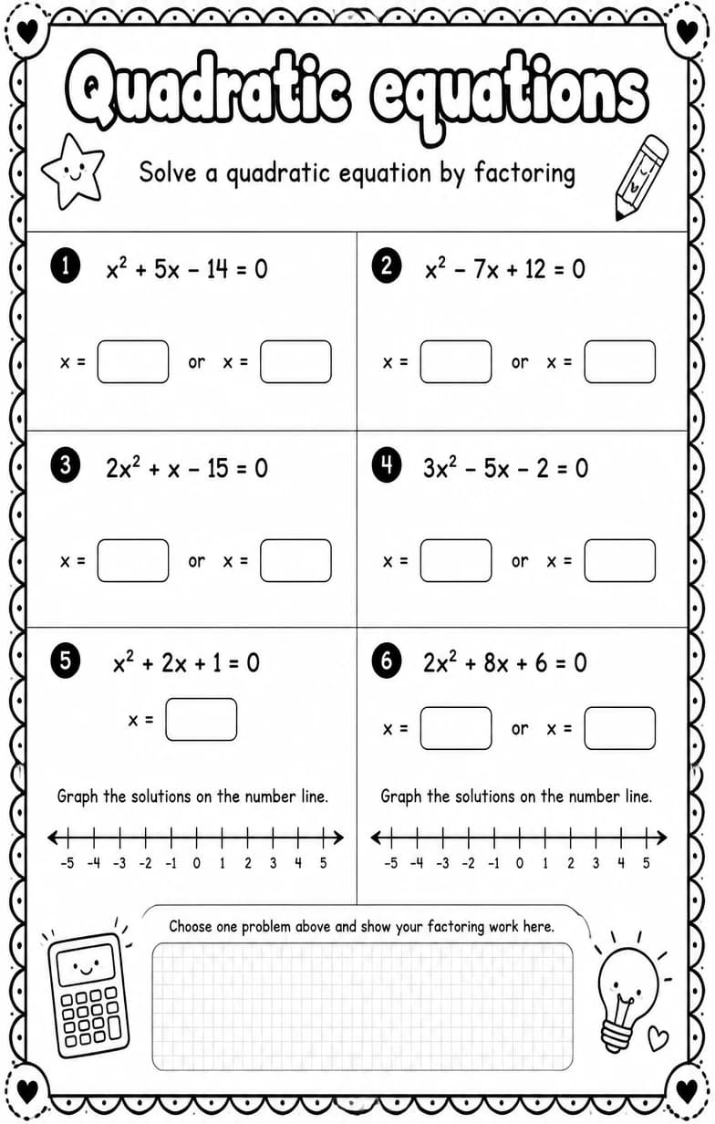 Solve a quadratic equation by factoring — free printable Algebra 1 math worksheet