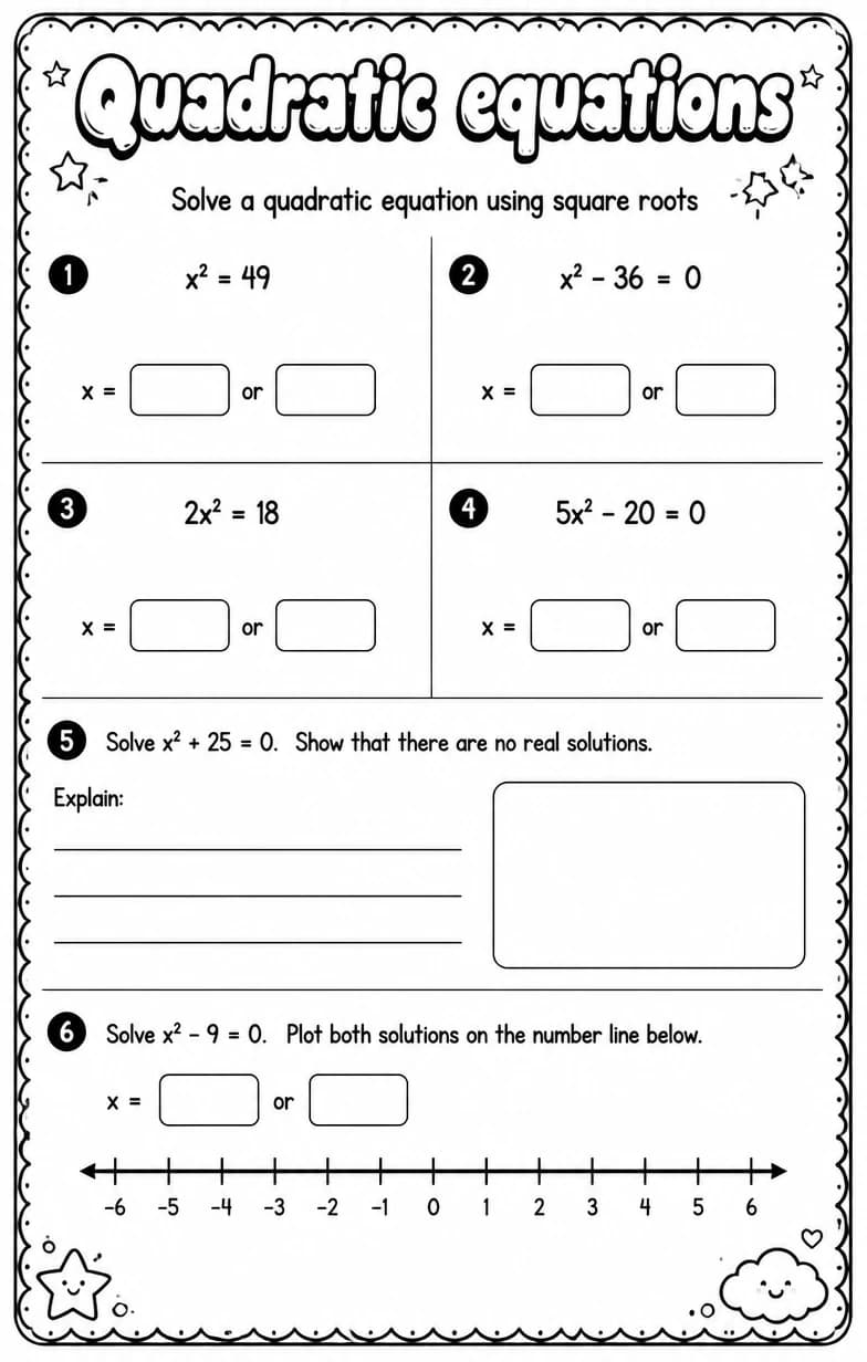 Solve a quadratic equation using square roots — free printable High School Math worksheet