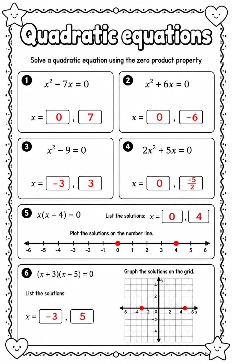 Answer key for Solve a quadratic equation using the zero product property — free printable Math worksheet