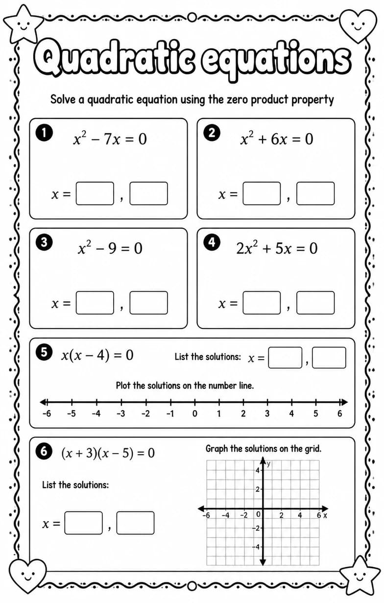 Solve a quadratic equation using the zero product property — free printable High School Math worksheet