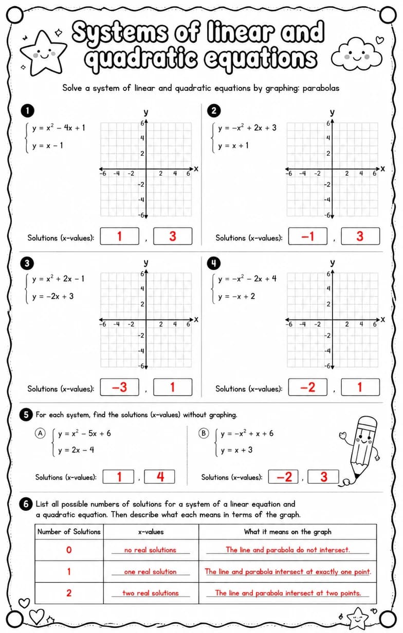 Answer key for Solve a system of linear and quadratic equations by graphing: parabolas — free printable Math worksheet