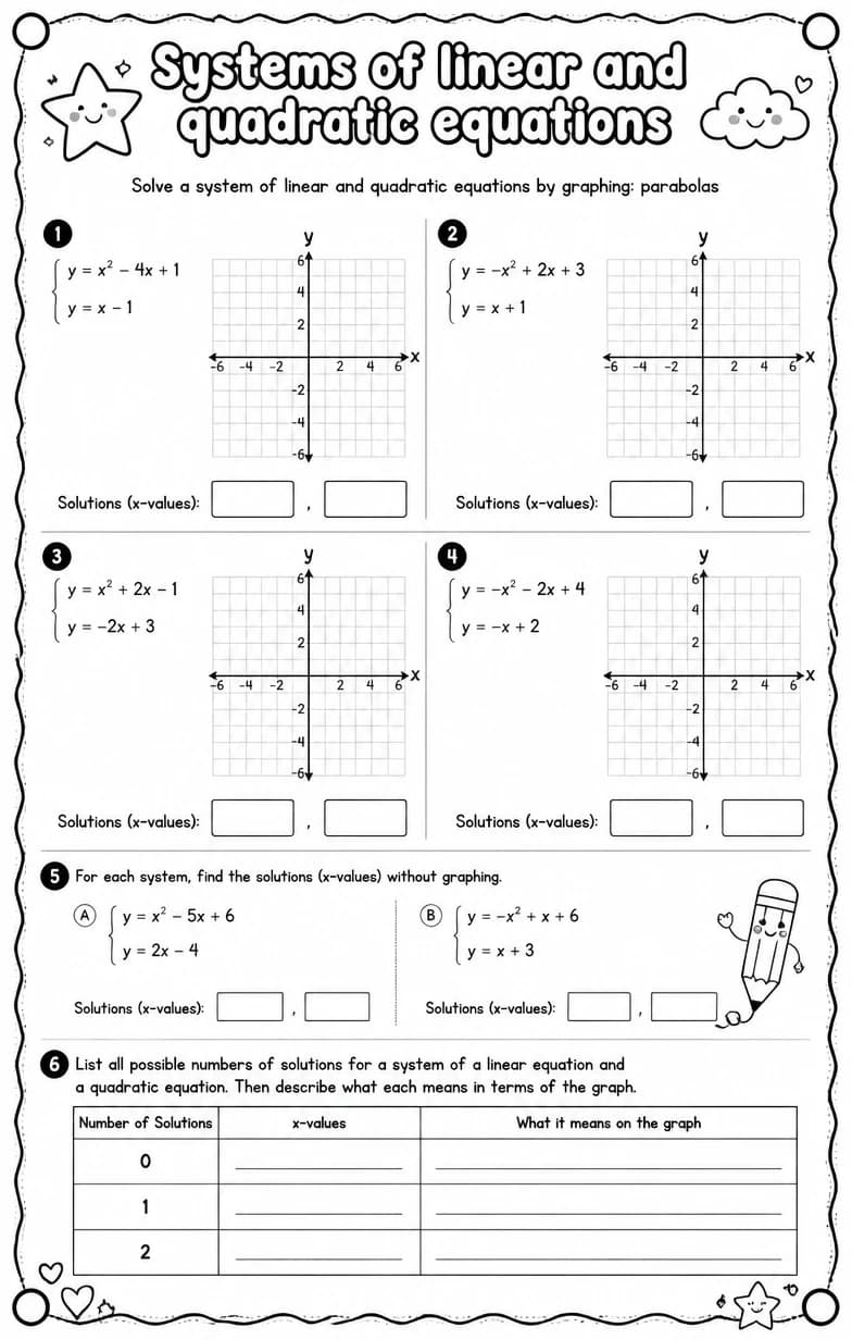 Solve a system of linear and quadratic equations by graphing: parabolas — free printable Algebra 2 math worksheet