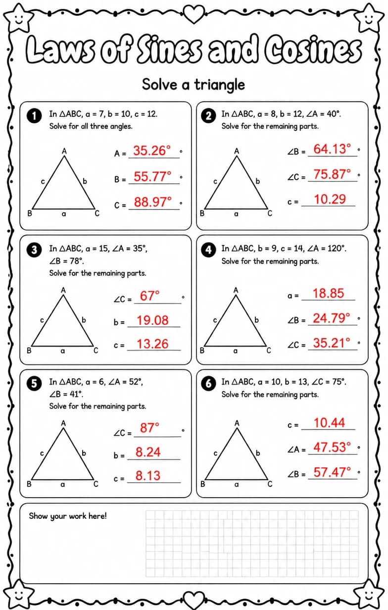 Answer key for Solve a triangle — free printable Math worksheet