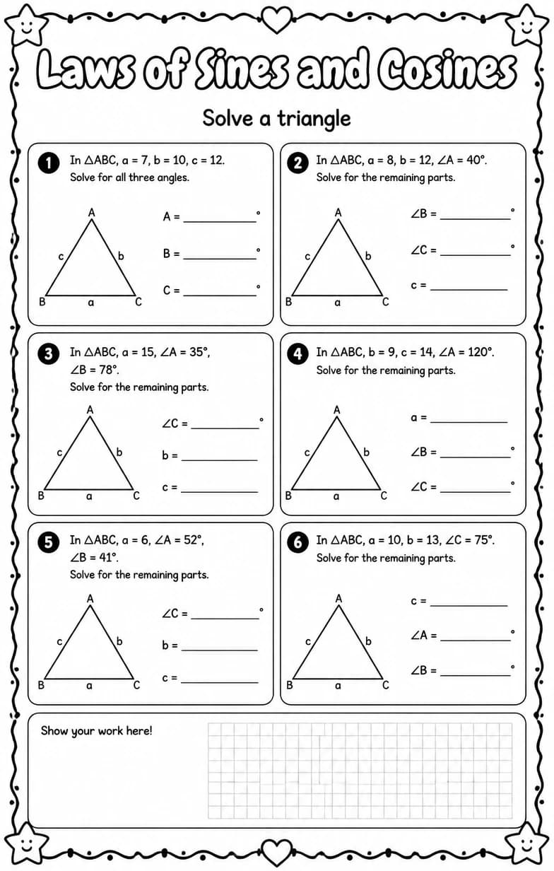 Solve a triangle — free printable Algebra 2 math worksheet