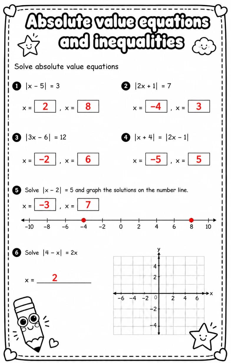 Answer key for Solve absolute value equations — free printable Math worksheet