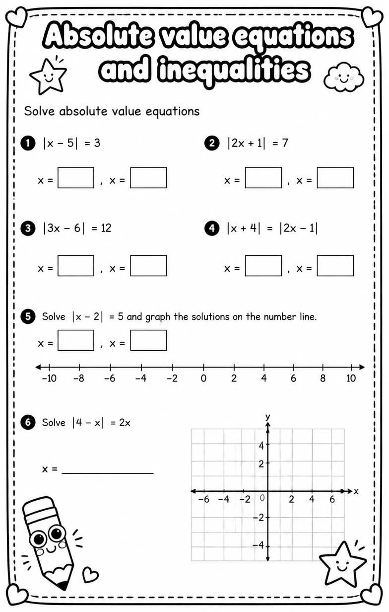 Solve absolute value equations — free printable High School Math worksheet