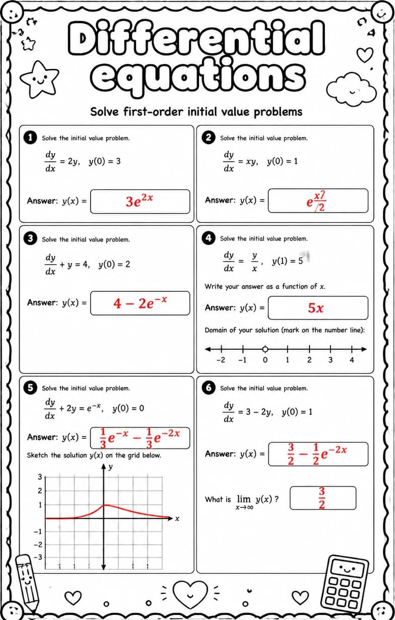 Answer key for Solve first-order initial value problems — free printable Math worksheet