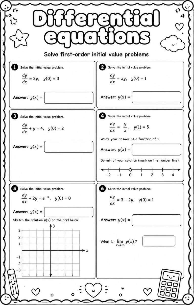 Solve first-order initial value problems — free printable Calculus math worksheet