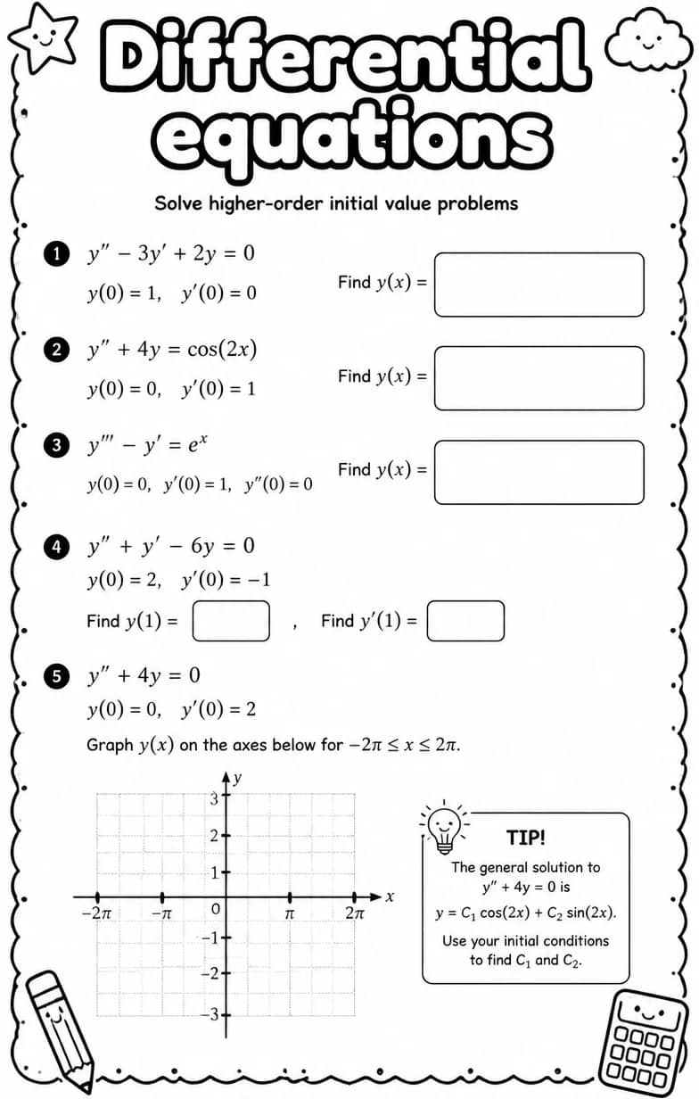 Solve higher-order initial value problems — free printable Calculus math worksheet