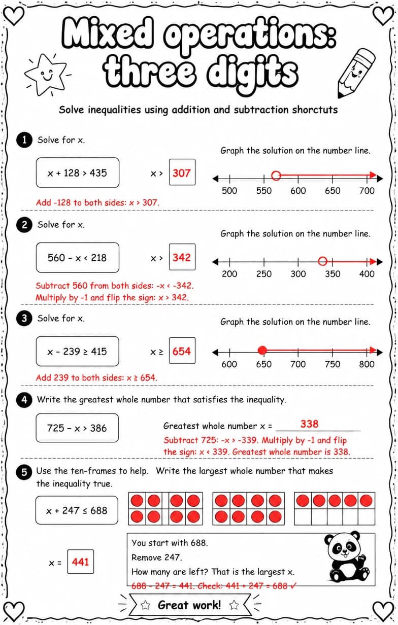 Answer key for Solve inequalities using addition and subtraction shortcuts — free printable Math worksheet