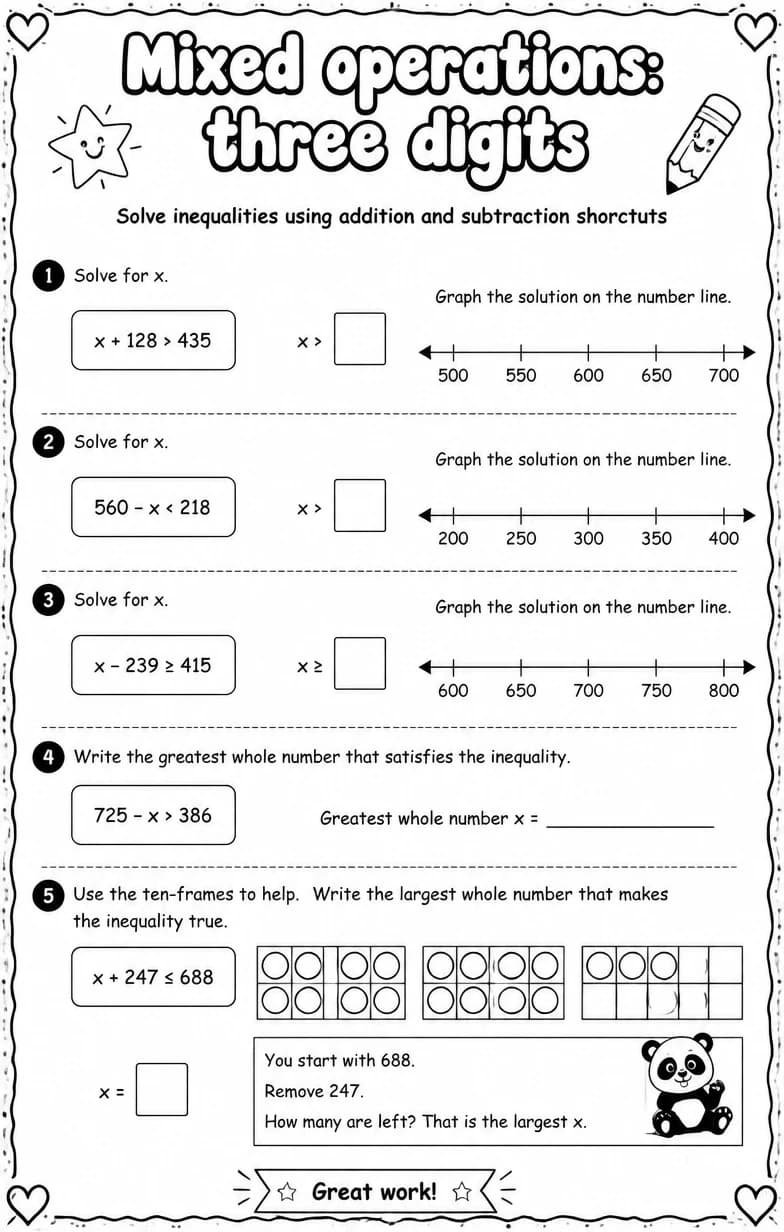 Solve inequalities using addition and subtraction shortcuts — free printable Grade 2 math worksheet