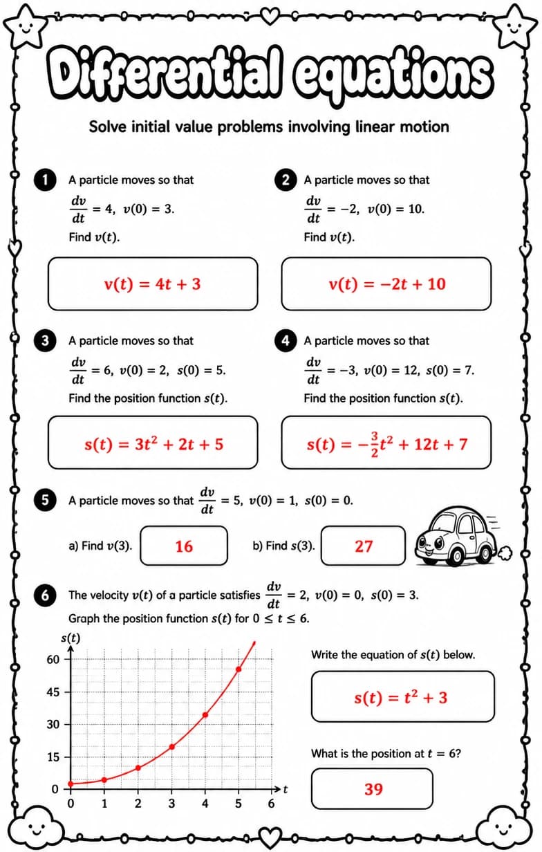 Answer key for Solve initial value problems involving linear motion — free printable Math worksheet