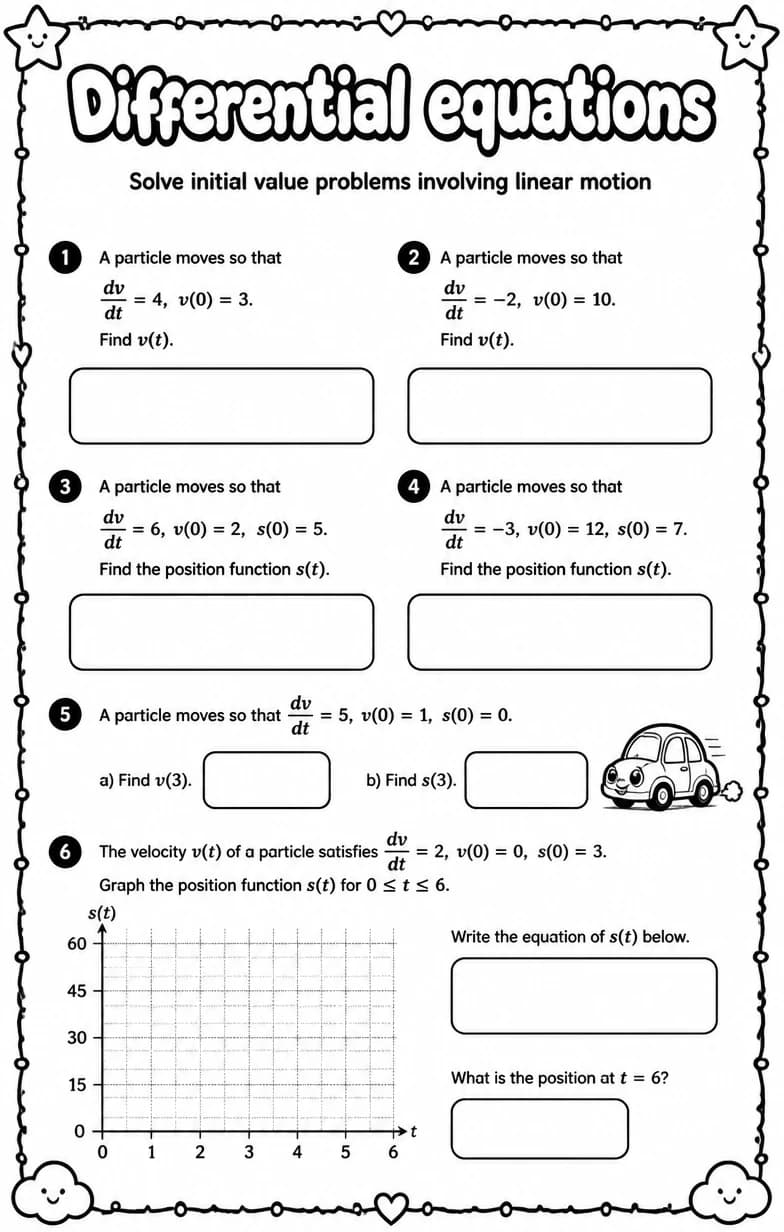 Solve initial value problems involving linear motion — free printable Calculus math worksheet