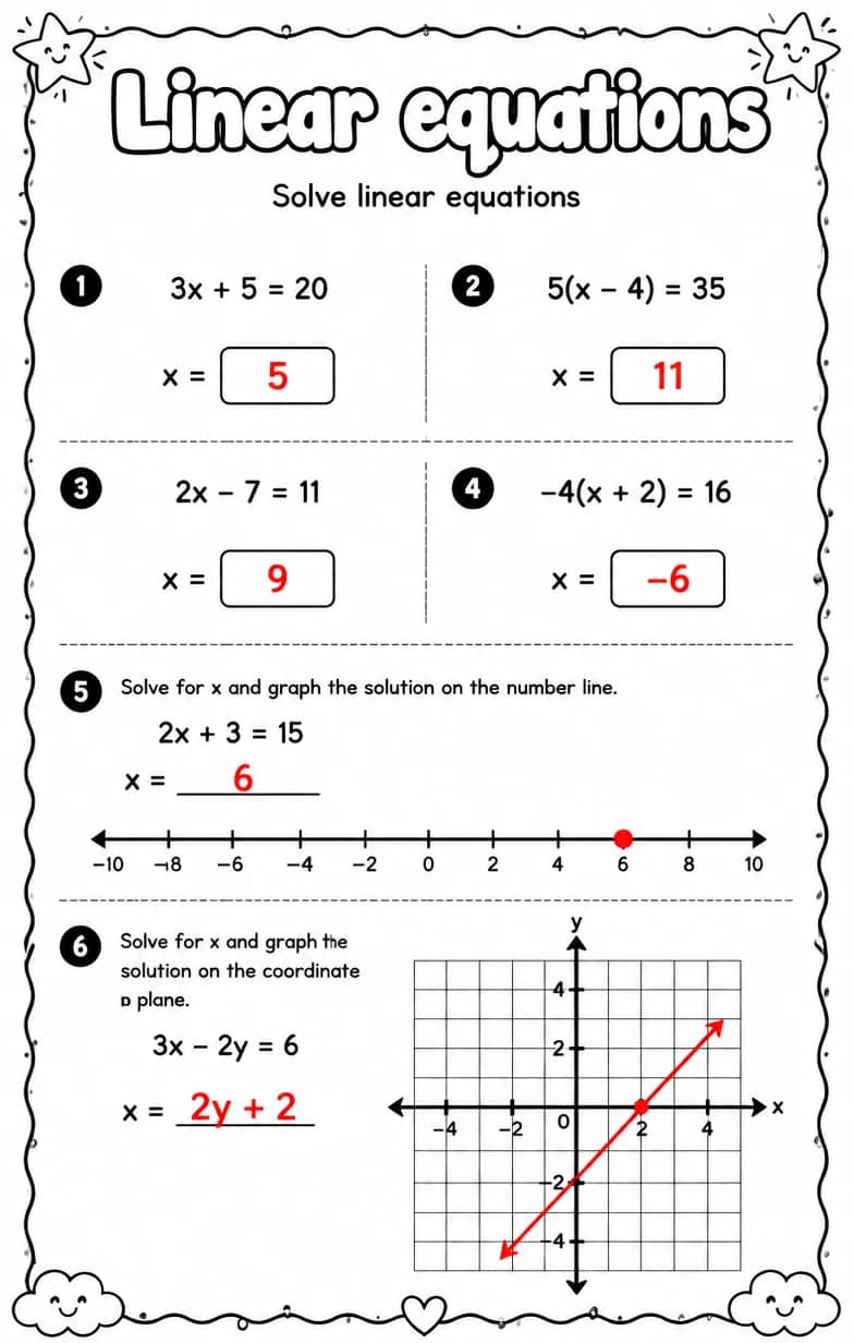 Answer key for Solve linear equations — free printable Math worksheet
