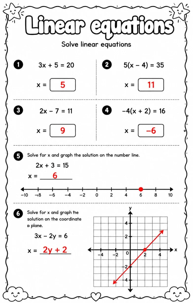 Answer key for Solve linear equations — free printable Math worksheet