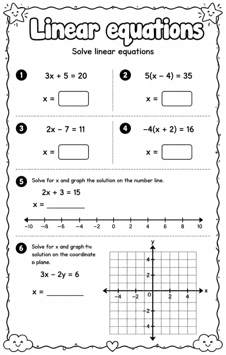 Solve linear equations — free printable Algebra 2 math worksheet
