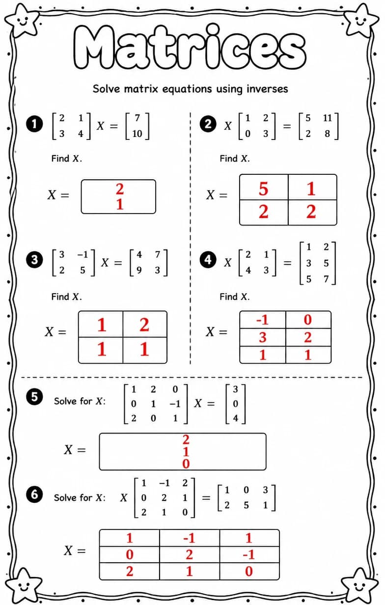 Answer key for Solve matrix equations using inverses — free printable Math worksheet