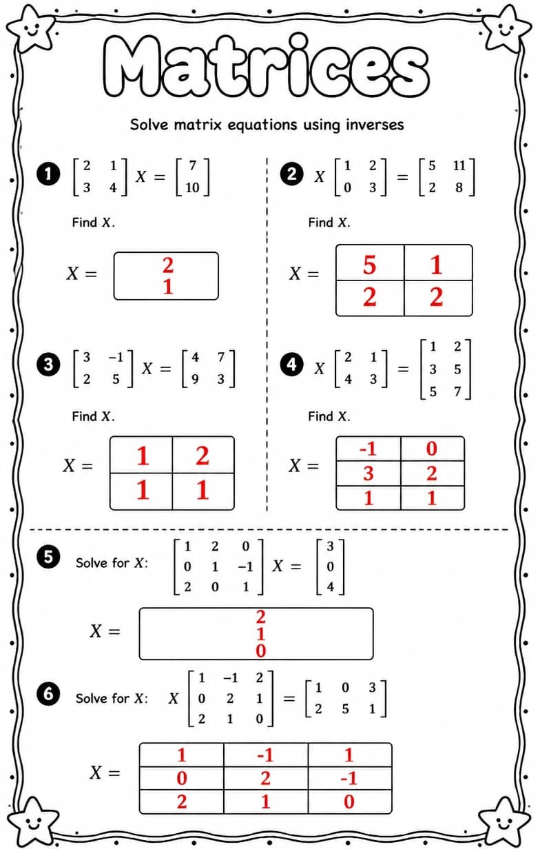 Answer key for Solve matrix equations using inverses — free printable Math worksheet