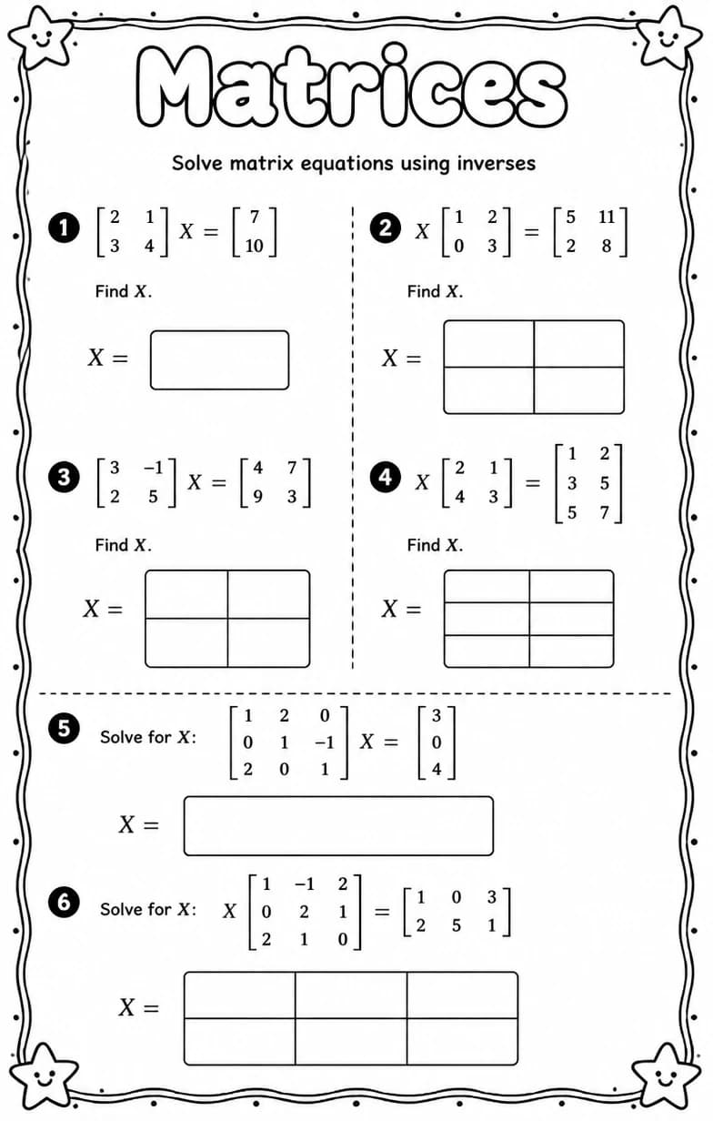 Solve matrix equations using inverses — free printable High School Math worksheet
