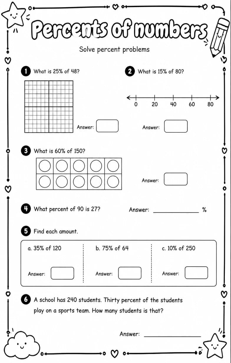 Solve percent problems — free printable Grade 6 math worksheet