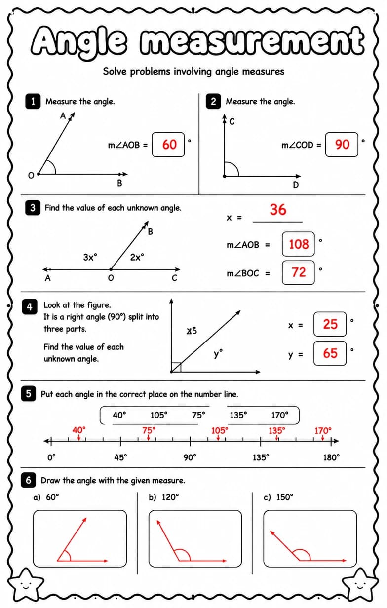 Answer key for Solve problems involving angle measures — free printable Math worksheet