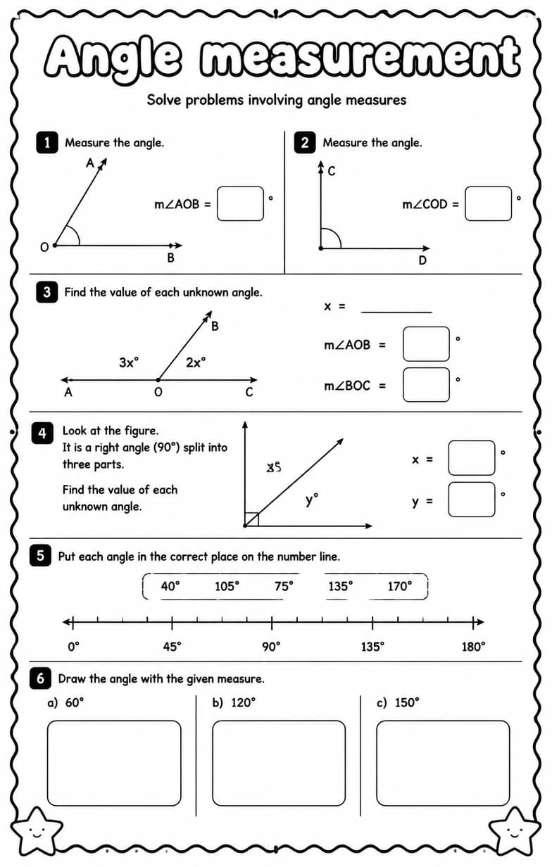 Solve problems involving angle measures — free printable Grade 4 Math worksheet