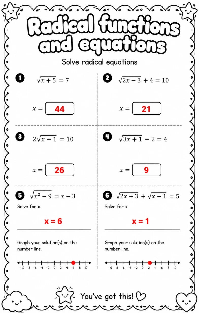 Answer key for Solve radical equations — free printable Math worksheet