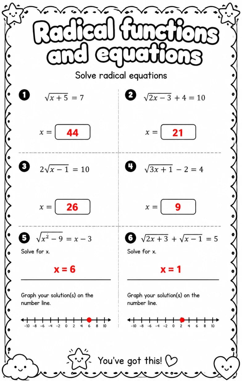 Answer key for Solve radical equations — free printable Math worksheet