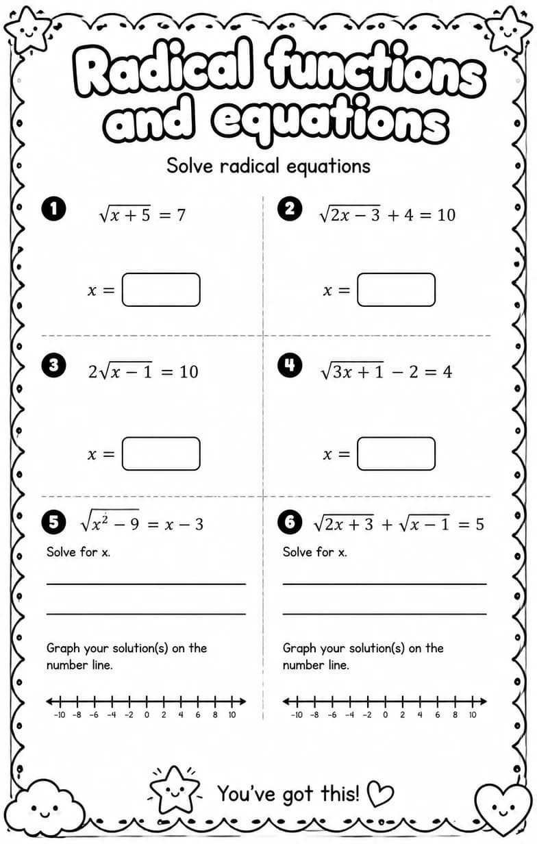 Solve radical equations — free printable High School Math worksheet