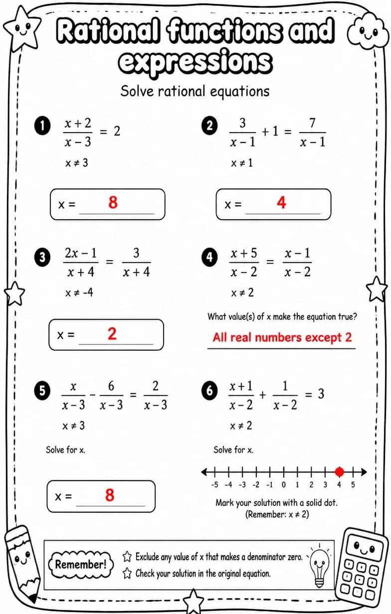 Answer key for Solve rational equations — free printable Math worksheet