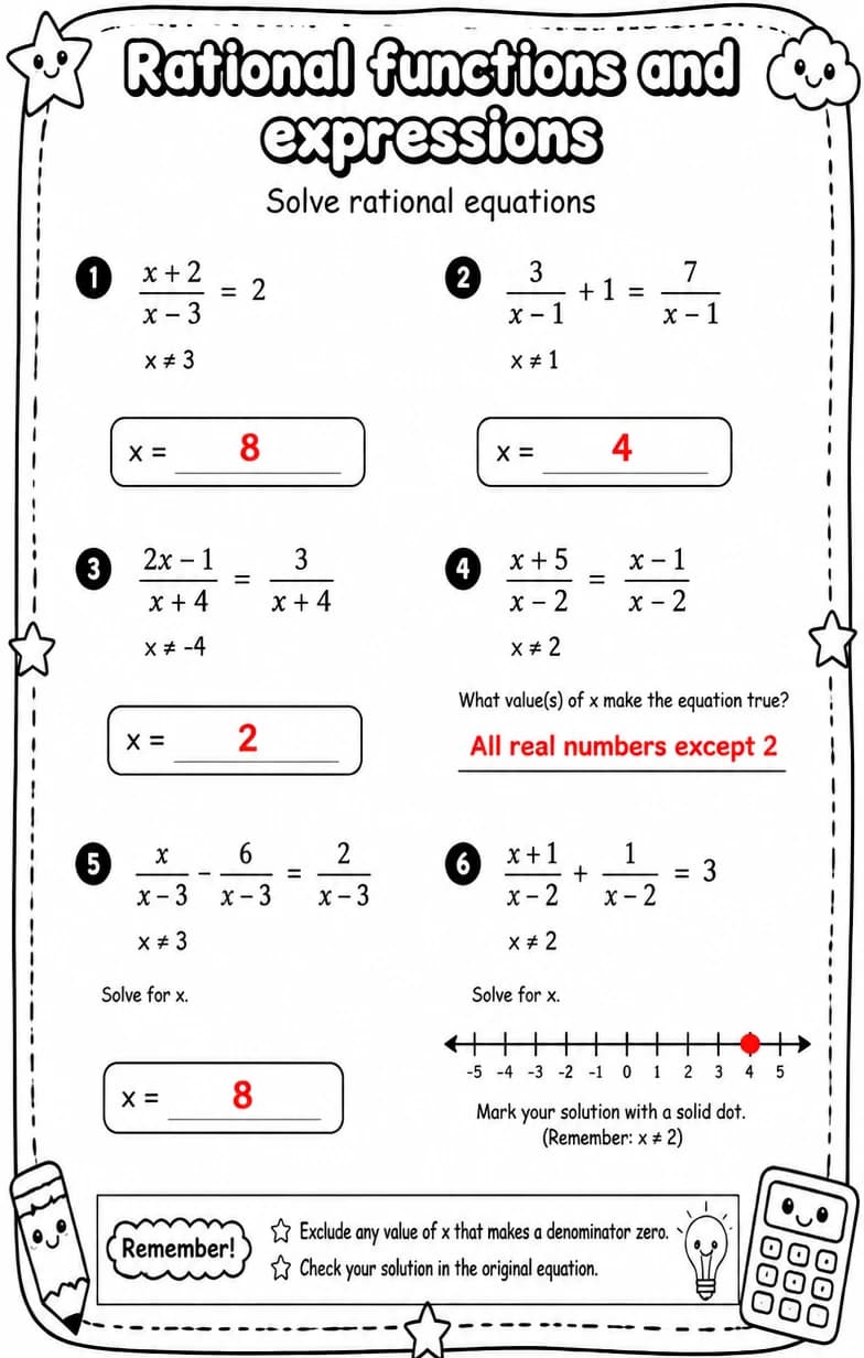 Answer key for Solve rational equations — free printable Math worksheet