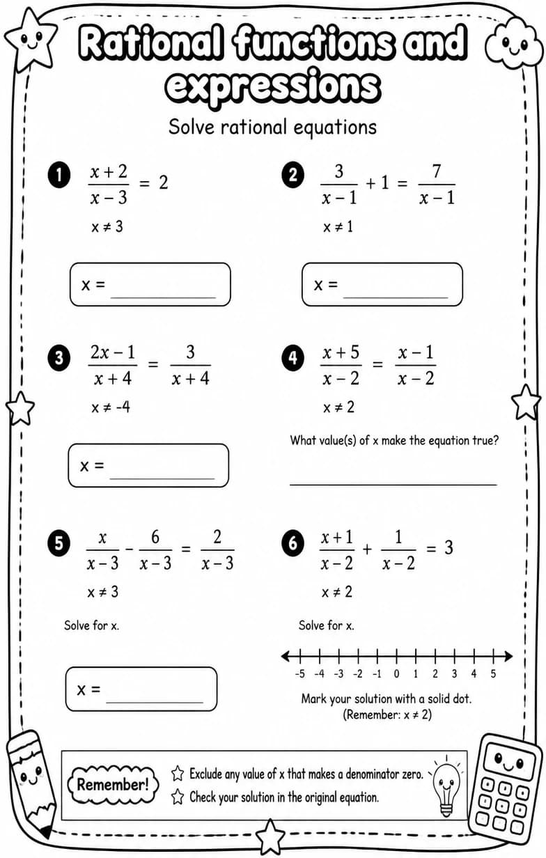Solve rational equations — free printable High School Math worksheet