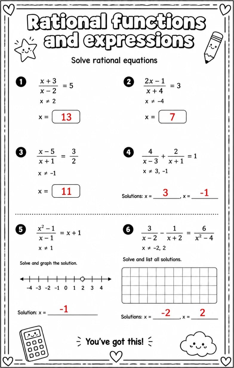 Answer key for Solve rational equations — free printable Math worksheet
