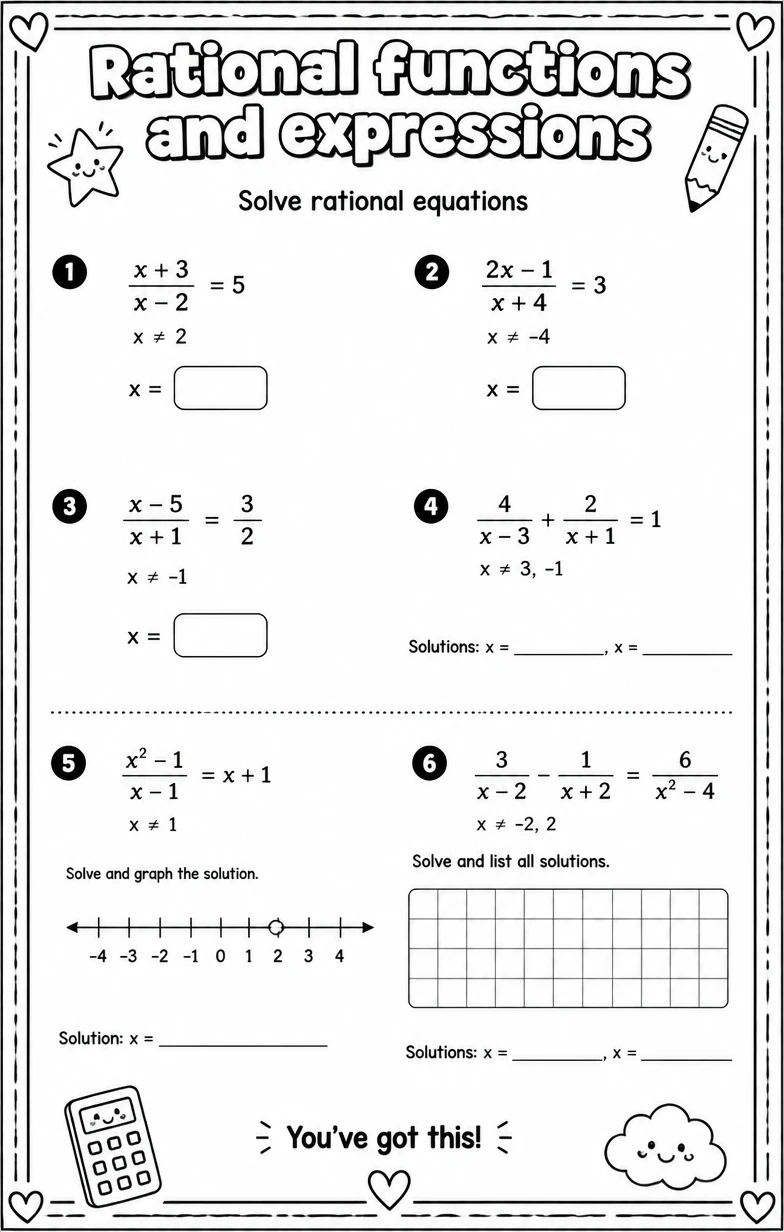 Solve rational equations — free printable Algebra 2 math worksheet