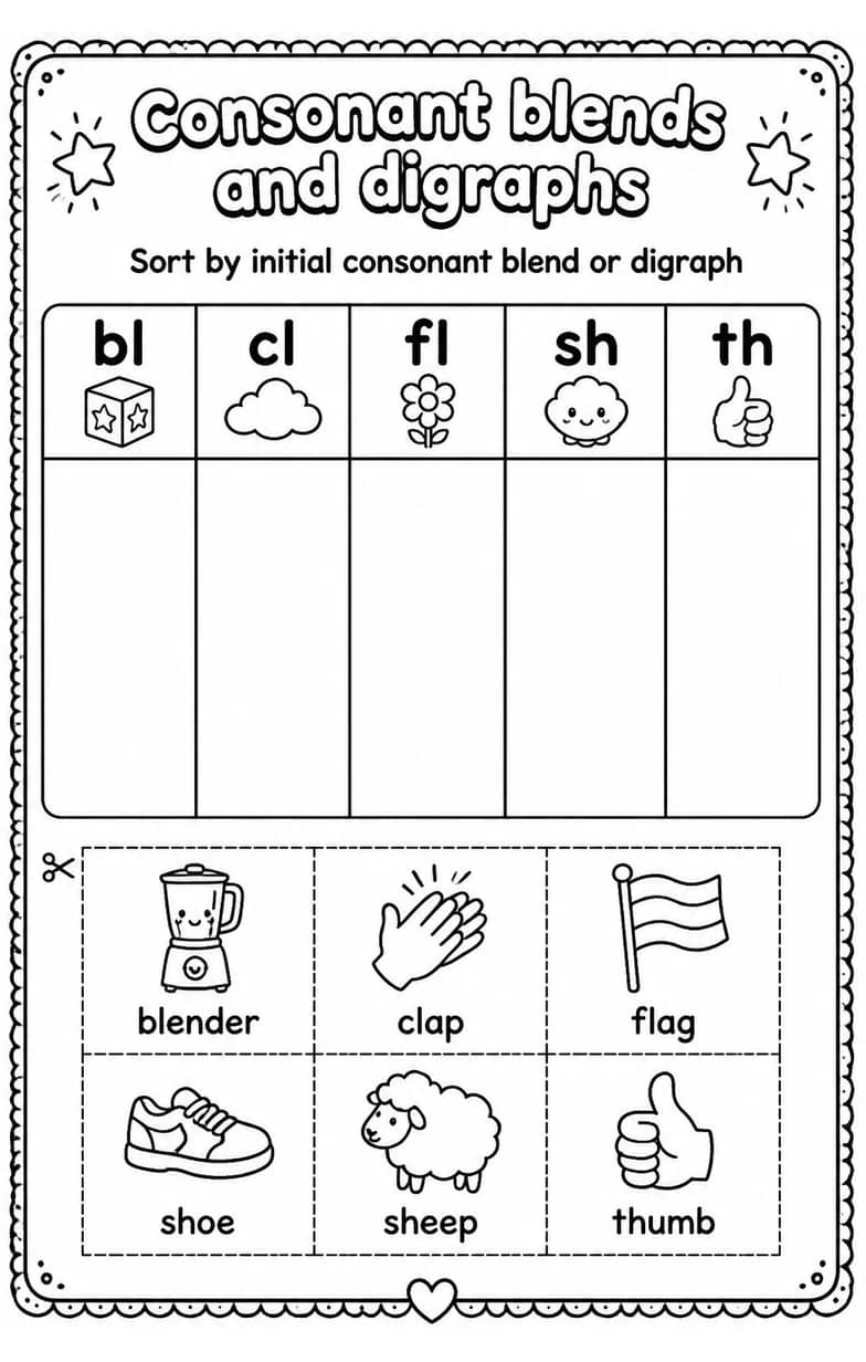 Sort by initial consonant blend or digraph — free printable Reading foundations English worksheet