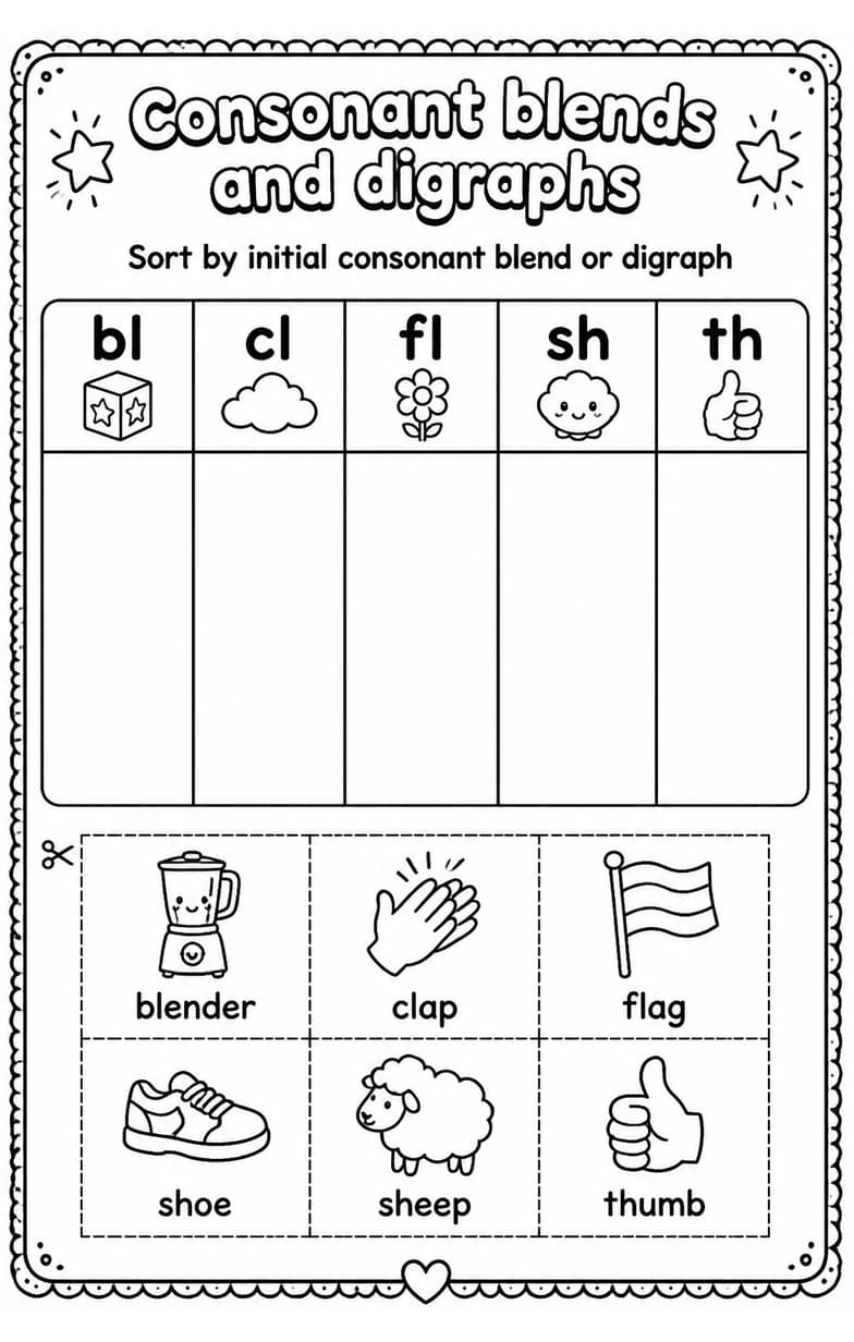 Sort by initial consonant blend or digraph — free printable Reading foundations English worksheet