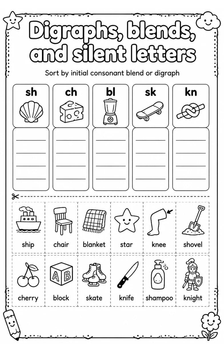 Sort by initial consonant blend or digraph — free printable Grade 2 English & Reading worksheet