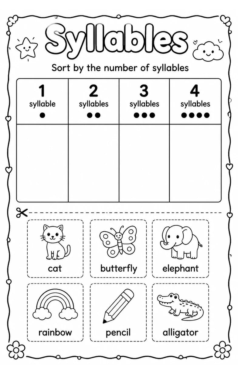 Sort by the number of syllables — free printable Reading foundations English worksheet