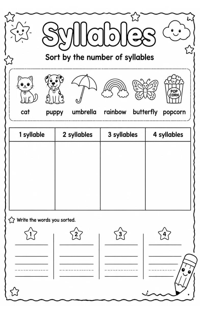 Sort by the number of syllables — free printable Reading foundations English worksheet