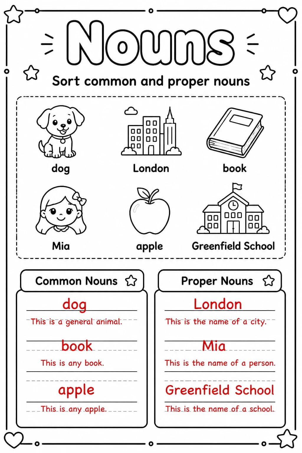 Answer key for Sort common and proper nouns — free printable English & Reading worksheet