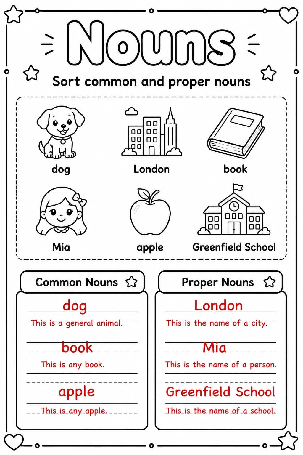 Answer key for Sort common and proper nouns — free printable English & Reading worksheet