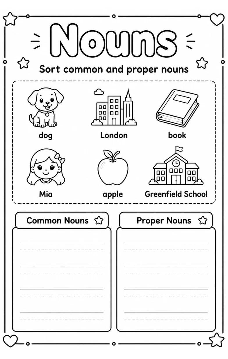 Sort common and proper nouns — free printable Grammar and mechanics English worksheet