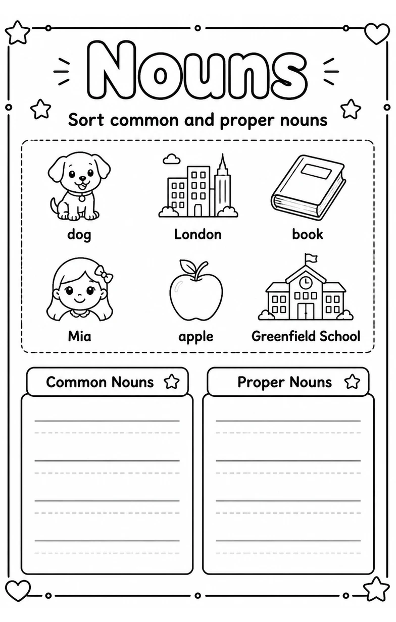 Sort common and proper nouns — free printable Grade 1 English & Reading worksheet