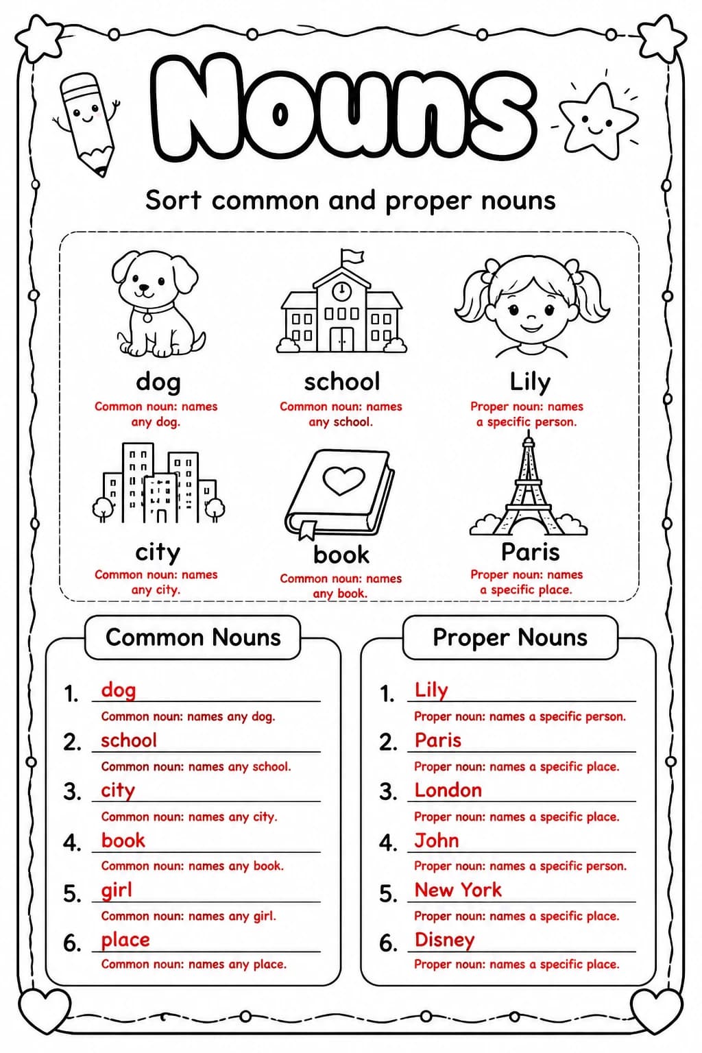 Answer key for Sort common and proper nouns — free printable English & Reading worksheet