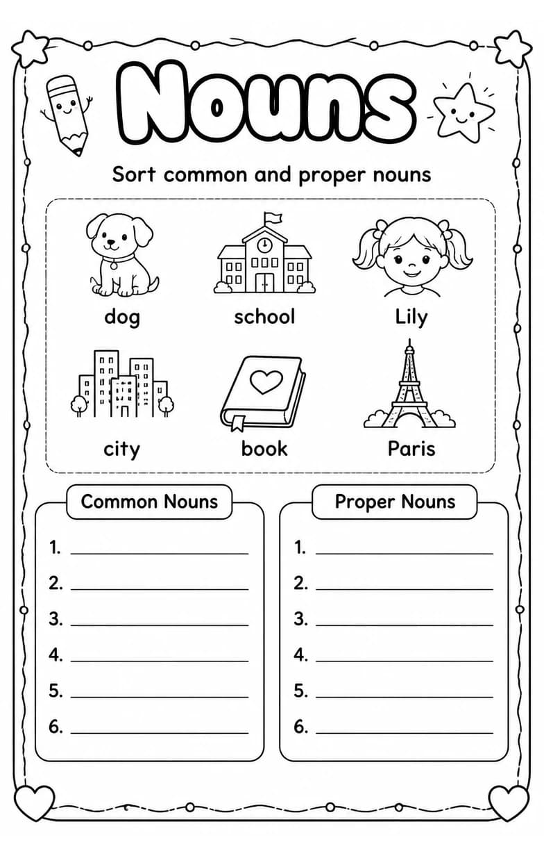 Sort common and proper nouns — free printable Grade 2 English & Reading worksheet