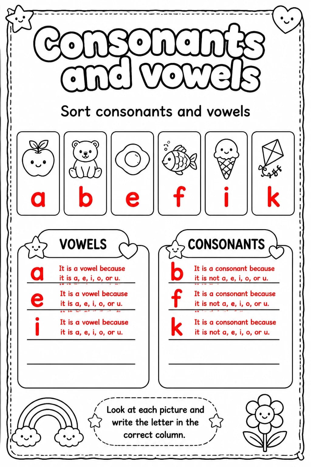 Answer key for Sort consonants and vowels — free printable English & Reading worksheet