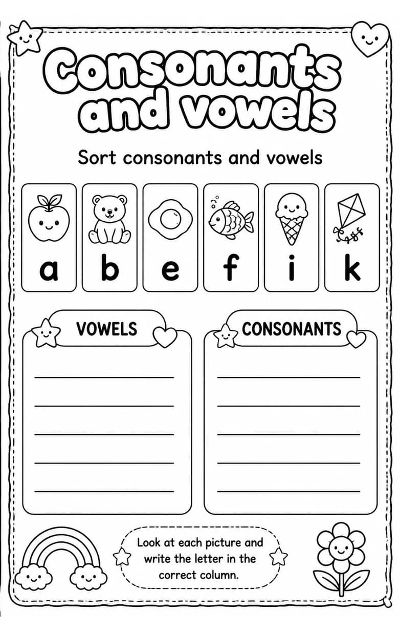 Sort consonants and vowels — free printable Reading foundations English worksheet