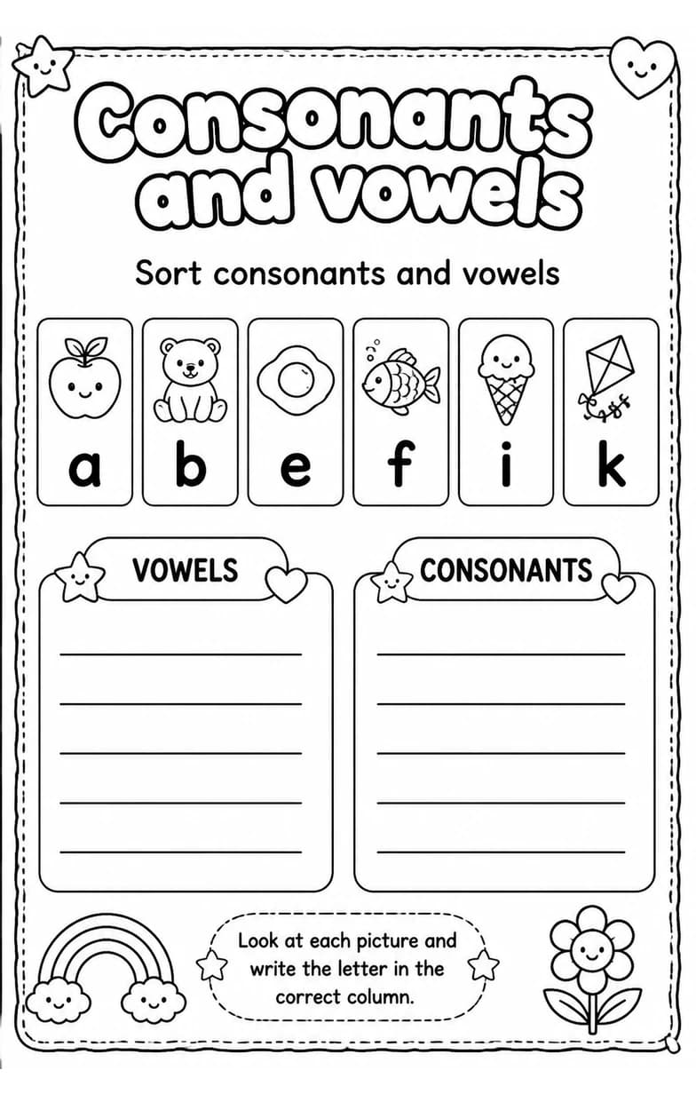 Sort consonants and vowels — free printable Grade 1 English & Reading worksheet